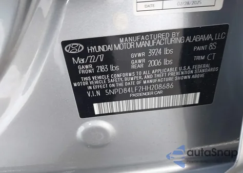 2017 Hyundai Elantra Limited из США, поврежденный, VIN 5NPD84LF2HH208686